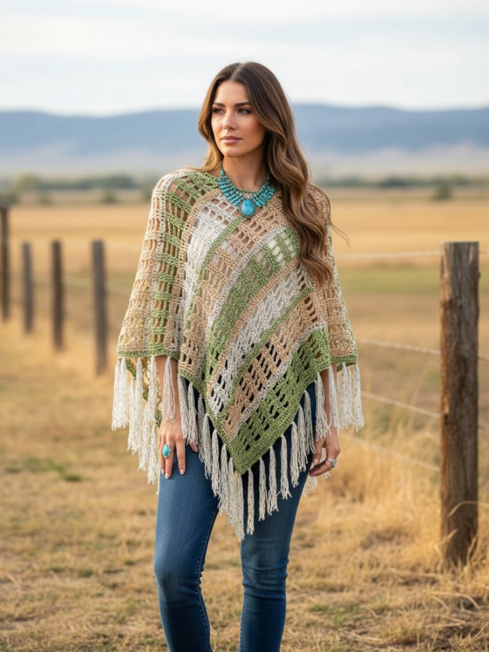 Green Beige Ivory Hand Crochet Poncho Sweater‎ Boho Hippie Earthy Indie Art Chic
